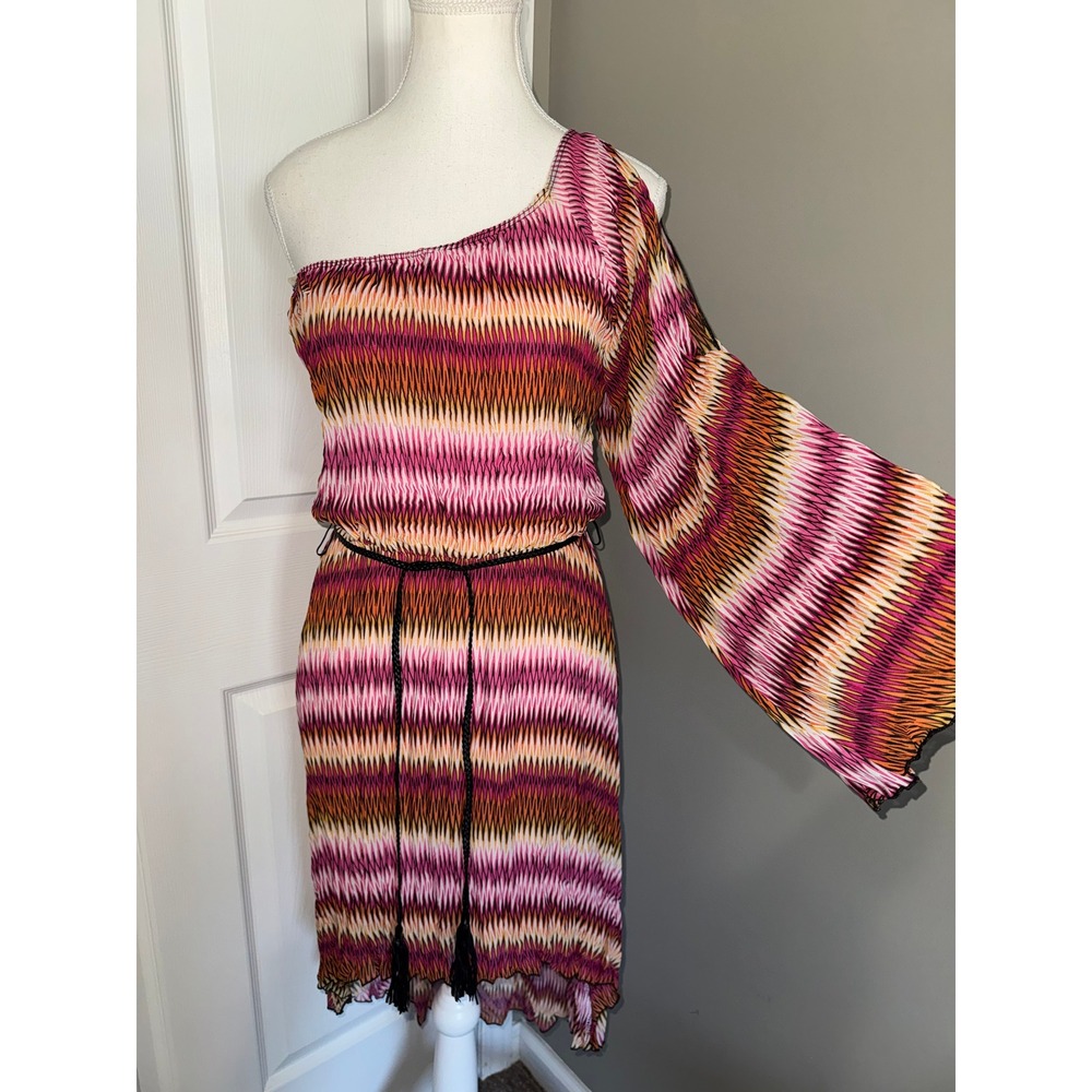 Marquis One Shoulder High Low Dress Womens Medium Pink Orange Boho Festival Y2K
